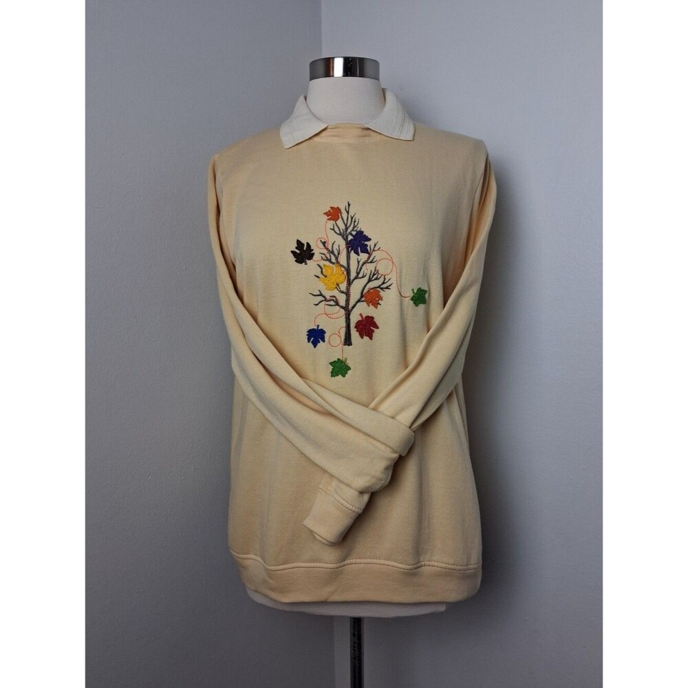 Blair Fall Vintage Cream Collared Embroidered Leaf Tree Pullover Sweatshirt